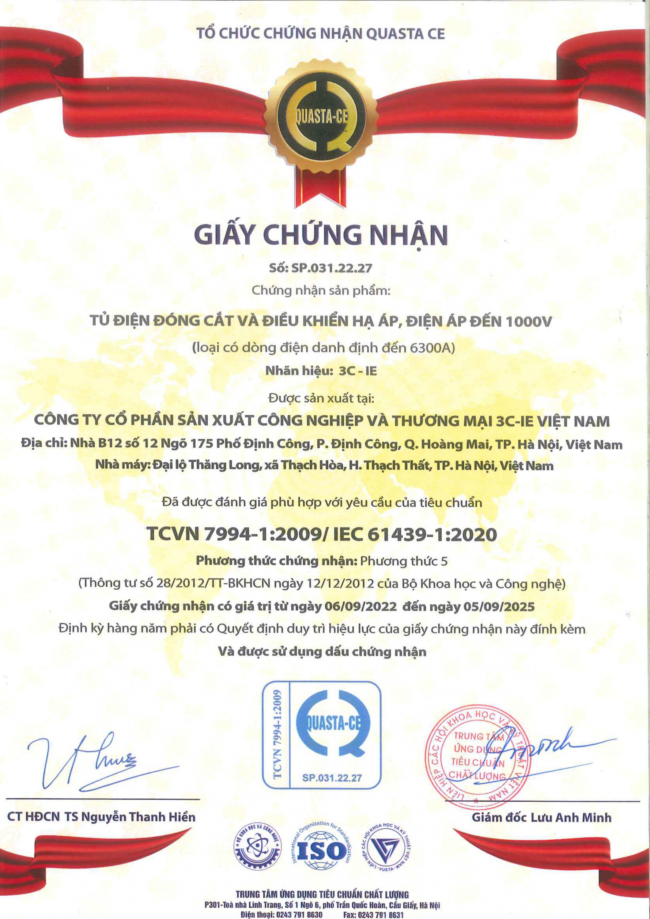 Kết quả test và Chứng nhận sản phẩm: Tủ điện đóng cắt và điều khiển hạ áp, điện áp đến 1000V