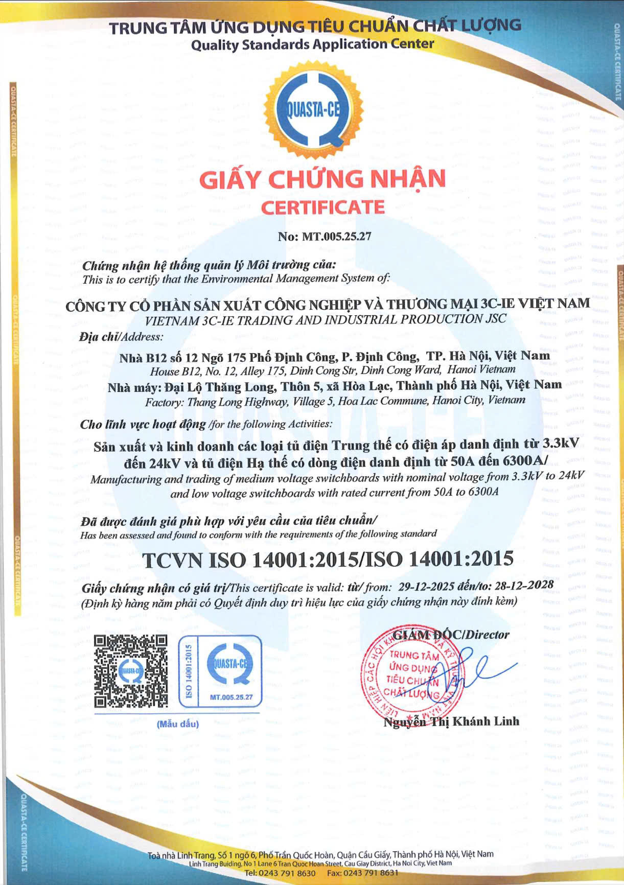 Giấy chứng nhận số MT.005.25.27 cho hệ thống quản lý môi trường tiêu chuẩn ISO 1400 1:2015